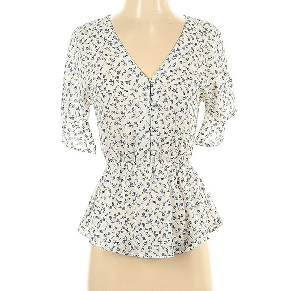 Sienna Sky Tops - Sienna Sky Peplum Blouse, White with Blue Flowers